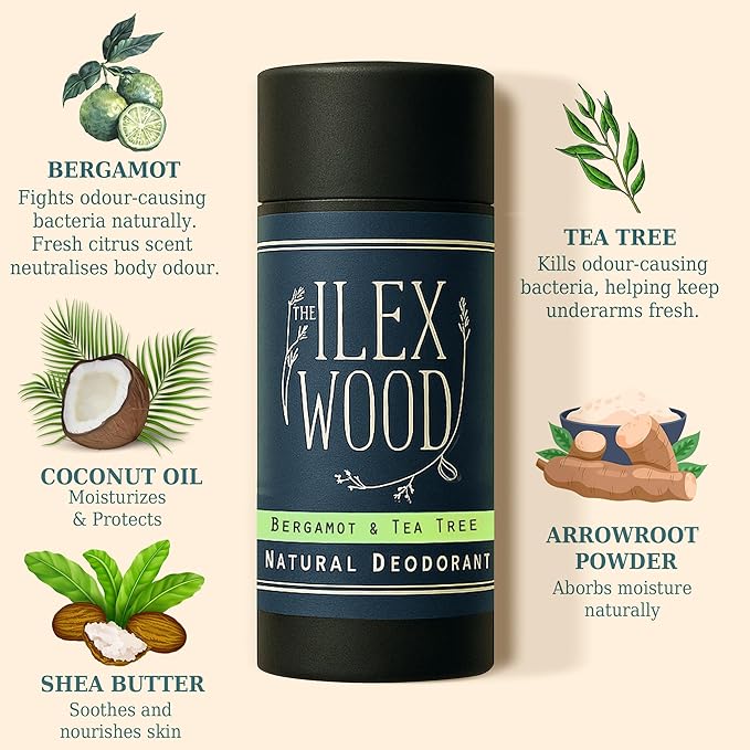 The Ilex Wood Natural Deodorant - 2.4fl oz. Handmade, Aluminum Salt Free, Plastic Free, Cruelty and Alcohol Free, Vegan, Eco Friendly Cardboard Tube – Bergamot and Tea Tree (Citrus)