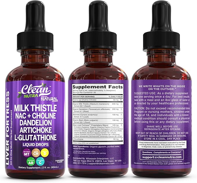 Clean Nutraceuticals Milk Thistle NAC Liver Cleanse Detox & Repair Supplement Liver Support Liquid Drops with Dandelion Extract, Artichoke, Chanca Piedra, Choline, L-Glutathione, Burdock, Schisandra