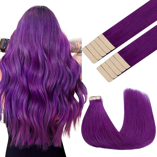 GOO GOO Tape in Hair Extensions Human Hair, Purple, 18inch 25g 10pcs, Colored Tape ins Human Hair Extensions, Silky&Soft Invisible Tape Ins, Hair Highlighted for Party