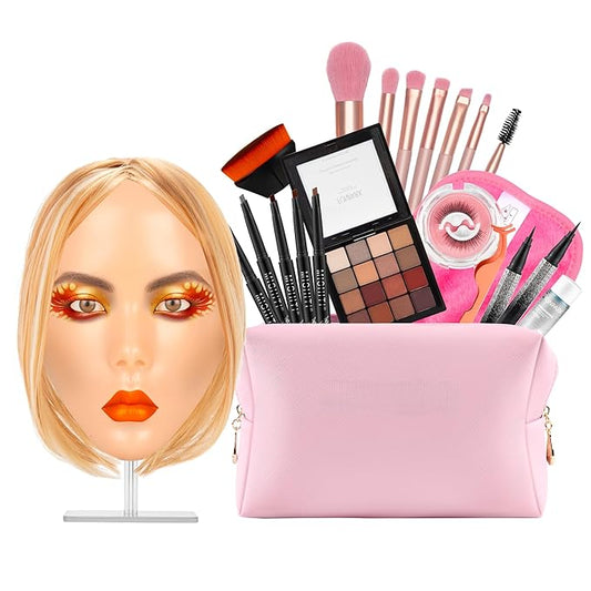 Glinexa5D Silicone Makeup Practice Face – Reusable Mannequin Head with Full Kit, Wigs & False Lashes for Daughters, Beginners, Kids & Beauty Students, Realistic Professional Skin Texture
