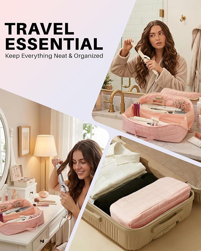 Hot Tools Travel Case with Heat Resistant Mat Pouch, Large Hair Tool Organizer Bag for Curling Iron Flat Iron Hair Dryer Hot Air Brush, Water Resistant Makeup Bag Gift for Women, Pink