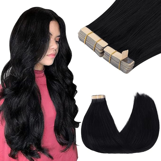 GOO GOO Tape in Hair Extensions Human Hair, 1 Jet black, 16inch 100g 40pcs, Skin Weft Seamless Invisible, Silky Straight with Thick Ends, Remy Human Hair