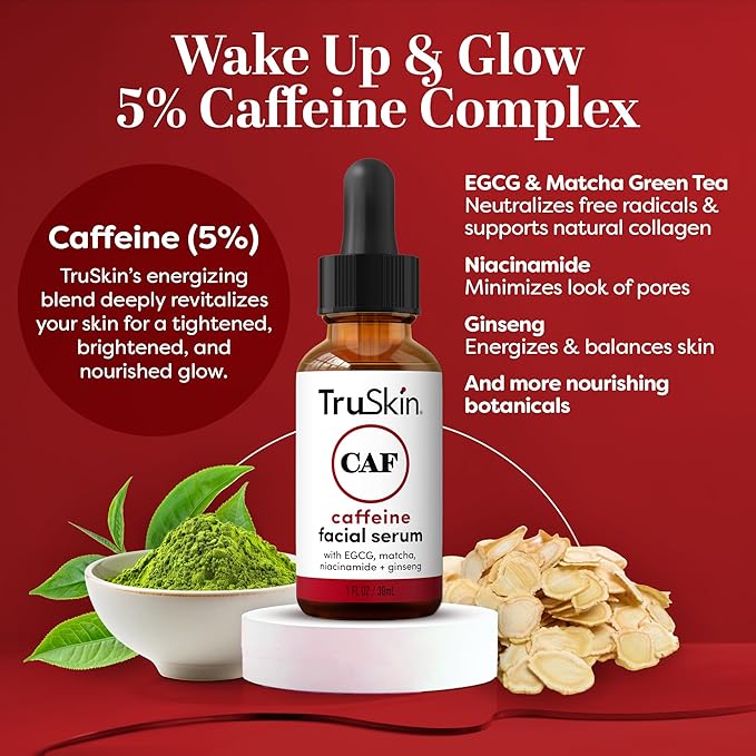 TruSkin Caffeine Face & Eye Serum – Energizing 5% Caffeine Serum with EGCG Niacinamide Matcha and Ginseng – Improve Look of Under Eye Dark Circles and Puffiness, 1 fl oz