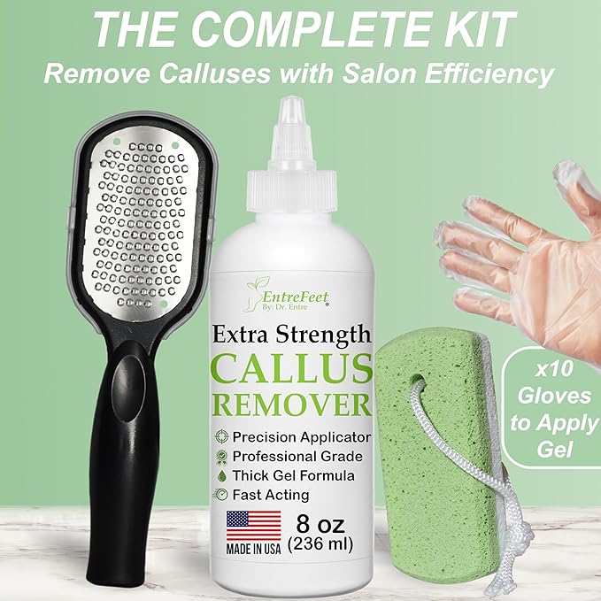 Dr. Entre's Callus Remover Gel Kit for Feet: Foot File, Pumice Stone, 5 Glove Pairs for Gel Application, Spa Kit, Foot Care, Pedicure Tools, Scrubber, 8oz
