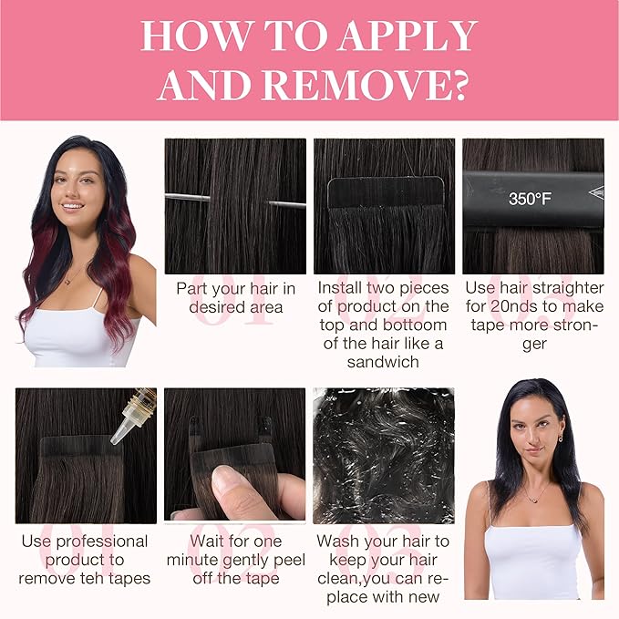 GOO GOO Tape in Hair Extensions Human Hair, 1/99 Balayage Jet Black to Red, 20inch 50g 20pcs, Thick Ends Straight Seamless, Invisible Tape in Hair Extensions