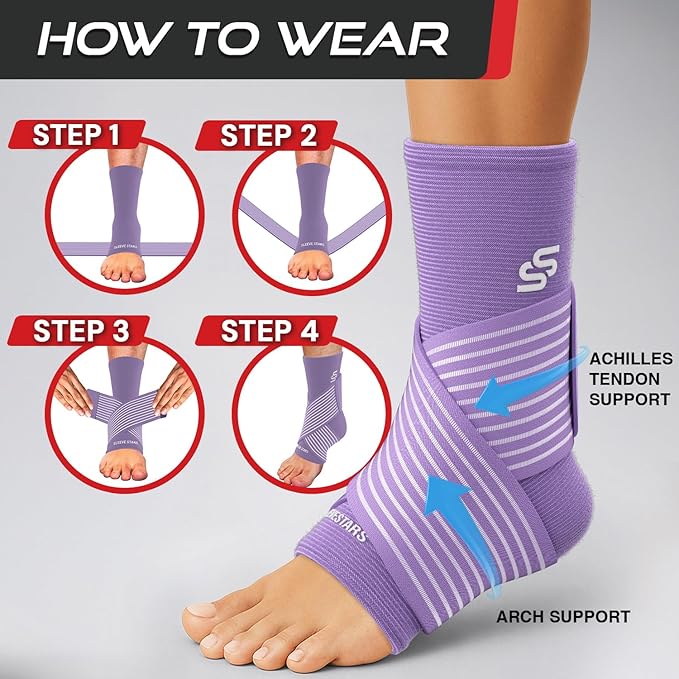 Sleeve Stars Ankle Brace for Women & Men, Ankle Wrap for Sprained Ankle, Compression Sleeve for Plantar Fasciitis Relief, Easy Customizable Support: w/Removable Strap (Single/M:10"-12"/Light Purple)