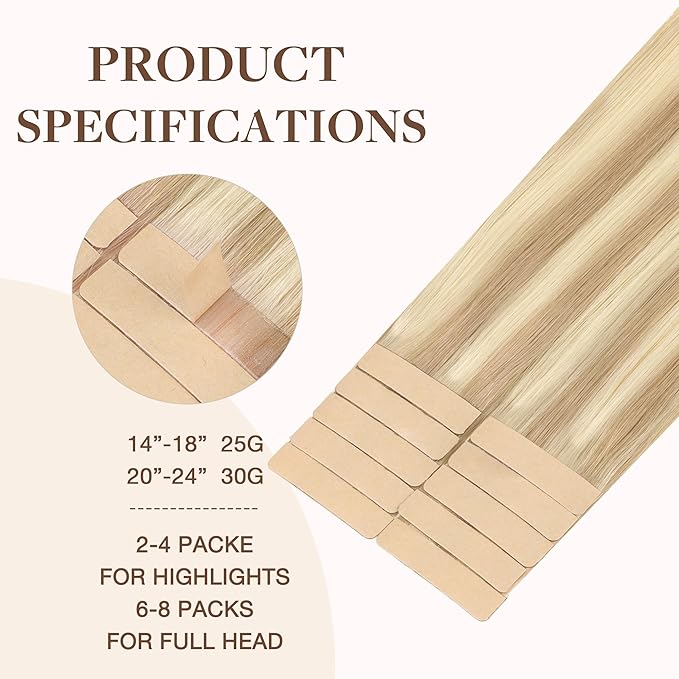 GOO GOO Tape in Hair Extensions Human Hair, 18A/613A Dark Blonde Highlighted Bleach Blonde, 18inch 25g 10pcs, Skin Weft Seamless Invisible, Silky Straight with Thick Ends, Remy Human Hair
