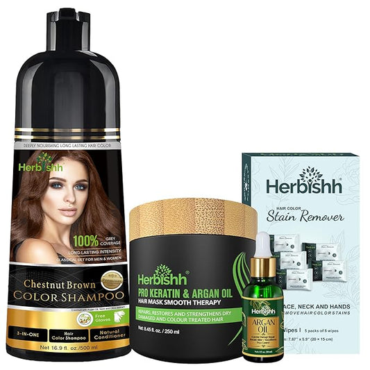 Herbishh Hair Color Shampoo for Gray Hair – Natural Hair Dye Shampoo – Lasts Up To 3-4 Weeks – 500ML – 3-In-1 Hair Color – Colors, Cleanses, and Conditions (Chestnut Brown Giftset)