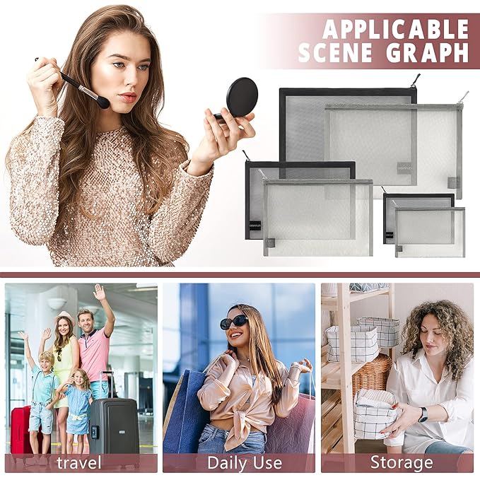 EASYFUN 6 Pieces Mesh Cosmetic Bag With Zipper Portable Travel Organizing Zipper Pouch Toiletries Makeup Pouches For Home Travel Accessories Diaper Bag