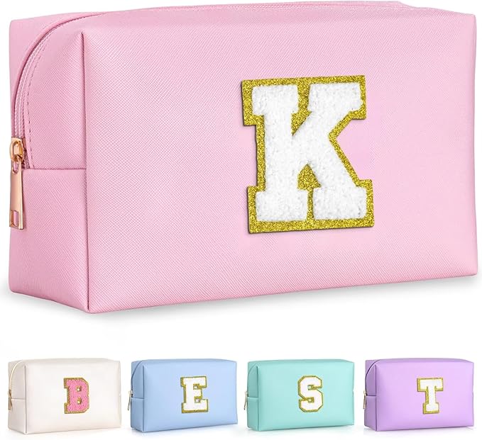 TOPEAST Gifts for Women Teen Girls, Initial Makeup Bag, Cosmetic Bag Travel Toiletry Pouch (Pink K)