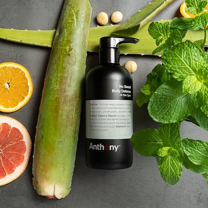 Anthony No Sweat Body Defense Deodorant for Men, Anti-Chafing & Anti-Itch Cream-to-Powder Lotion for Groin, Thighs & Underarms, Talc-Free, Absorbs Moisture, Sweat & Odor Control, 16 fl oz