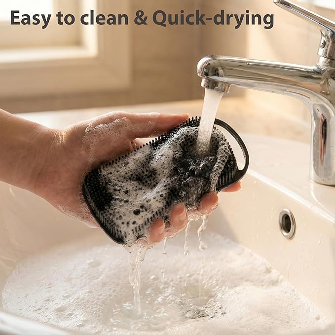 2 PC Silicone Body Scrubber, 2 in 1 Exfoliating Shower Bath Scrubber, Soft Silicone Loofah for Sensitive Skin, Shower Hair Scalp Massager, Easy to Clean, Lather Well (Black&Pink)