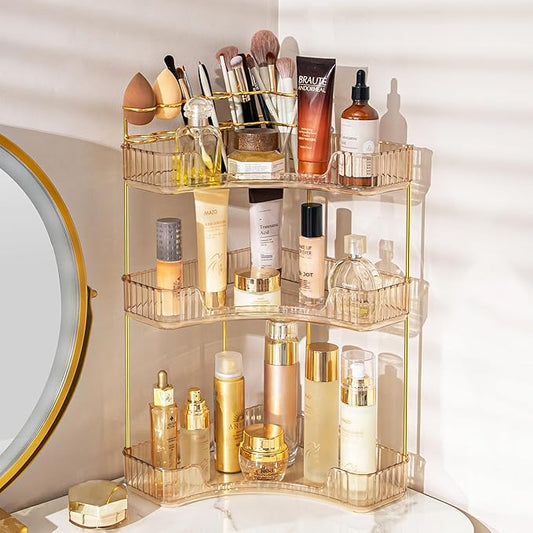Upgraded 3-Tier Corner Bathroom Countertop Organizer – Spacious Storage for Makeup, Skincare & Perfumes, Built-in Brush Holder Fits Vanity/Dresser/Bsthtub (Vintage Gold)