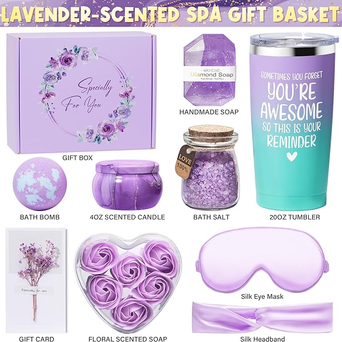Birthday Gifts for Women Friendship, Lavender Relaxing Spa Gifts Basket for Women Self Care Gifts, Thank You Gifts Bath Set Valentines Day Gifts for Mom Her Friends Wife Sister Coworker Nurse Teacher