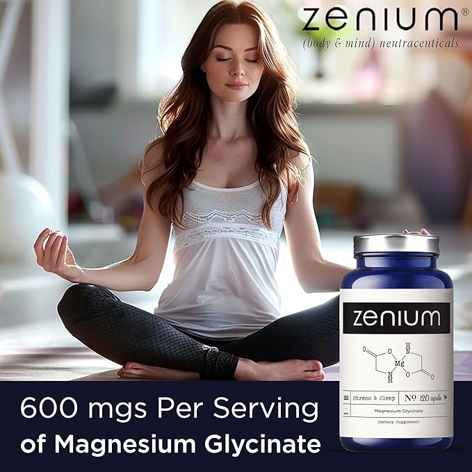 Zenium - Magnesium Glycinate for Sleep, Chelated, 600mg per Serving, 120 Capsules | High Absorption | Relieve Stress, Tension, Worry & Irritability | Calm Mind & Body | Ayurvedic | Natural Supplement