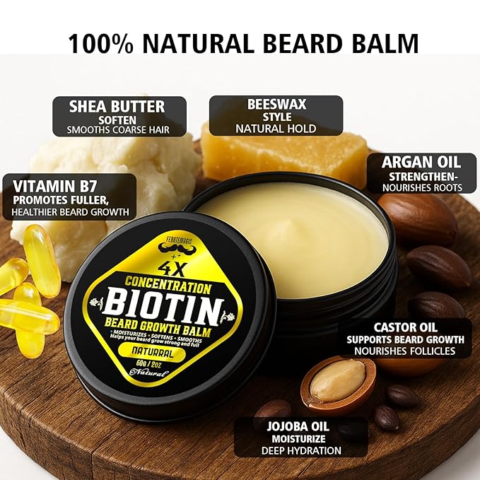 Biotin Beard Growth Balm for Men – Conditioning & Thickening Balm with Castor, Shea & Jojoba Oils – Non-Greasy, Softens & Nourishes for Fuller, Thicker Facial Hair – Unscented – 2 oz