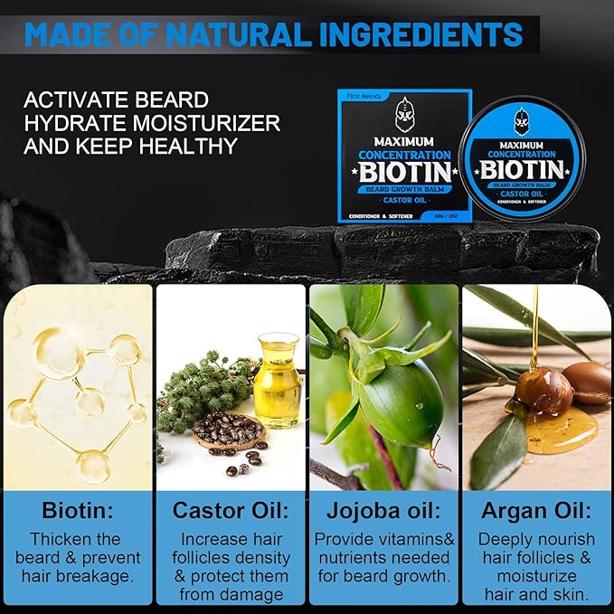 Beard Balm, Maximum Concentration Biotin, with Castor Oil and Argan & Jojoba Oils, Promotes Beard Growth, Styles, Strengthens & Softens Beards & Mustaches, 2 Ounce，Cedar