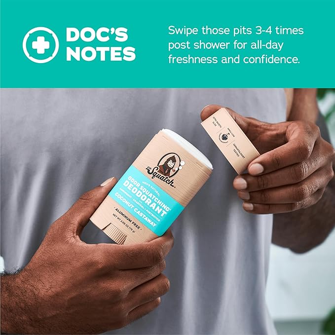 Dr. Squatch Natural Men’s Deodorant – Aluminum Free Natural Deodorant Men with Charcoal & Postbiotics for 72-Hour Odor Protection – Coconut Castaway, 2.65oz Stick (3-Pack)