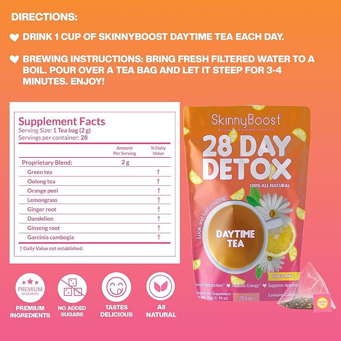 Skinny Boost Detox Tea Kit-Slimming Tea for Weight, Metabolism, Energy, Bloating & Colon Cleanse – Green Tea, Herbal, Vegan, Keto, Non-GMO, Sugar-Free-2 PACK –1 Daytime (28 Bags) + 1 Evening -(14 Bags)