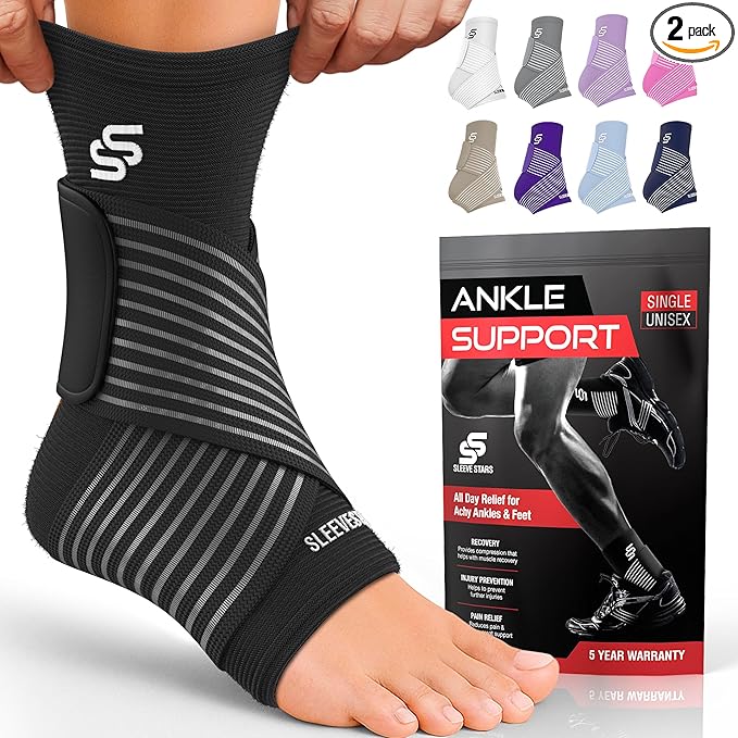 Sleeve Stars Ankle Brace for Women & Men, Ankle Wrap for Sprained Ankle, Compression Sleeve for Plantar Fasciitis Relief, Easy Customizable Support: w/Removable Strap (Pair/L:12"-13"/Black)