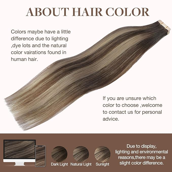 GOO GOO Tape in Hair Extensions Human Hair, 4/26/4 Balayage Chocolate Brown to Honey Blonde, 26inch 60g 20pcs, Skin Weft Seamless Invisible, Silky Straight with Thick Ends, Remy Human Hair