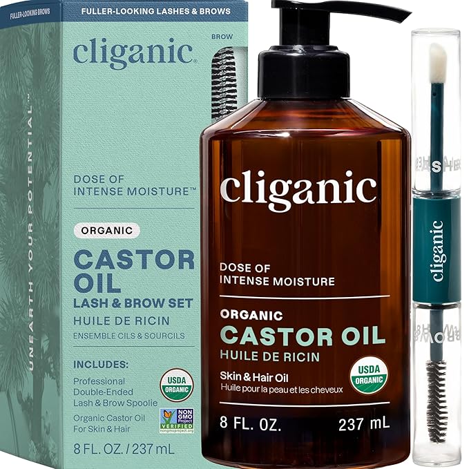 Cliganic Organic Castor Oil, 100% Pure (8oz with Eyelash Kit) - For Eyelashes, Eyebrows, Hair & Skin | Bulk, Natural Cold Pressed Unrefined Hexane-Free | DIY Carrier Oil