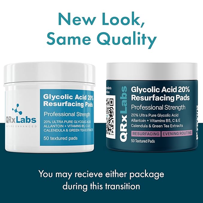 QRxLabs Glycolic Acid Pads - 20% Resurfacing Pads AHA for Face & Body - Exfoliates Skin Surface and Reduces Appearance of Fine Lines and Wrinkles - Acne Treatment Clearing - Daily Pads - 50ct 2PK