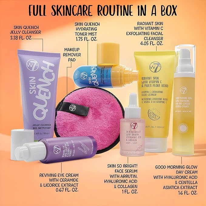 W7 Beauty Blast Skincare Secrets Set - Complete Full Size Skincare Routine with Day Cream, Serum, Cleansers, Toner Mist, Eye Cream and Makeup Remover Pad