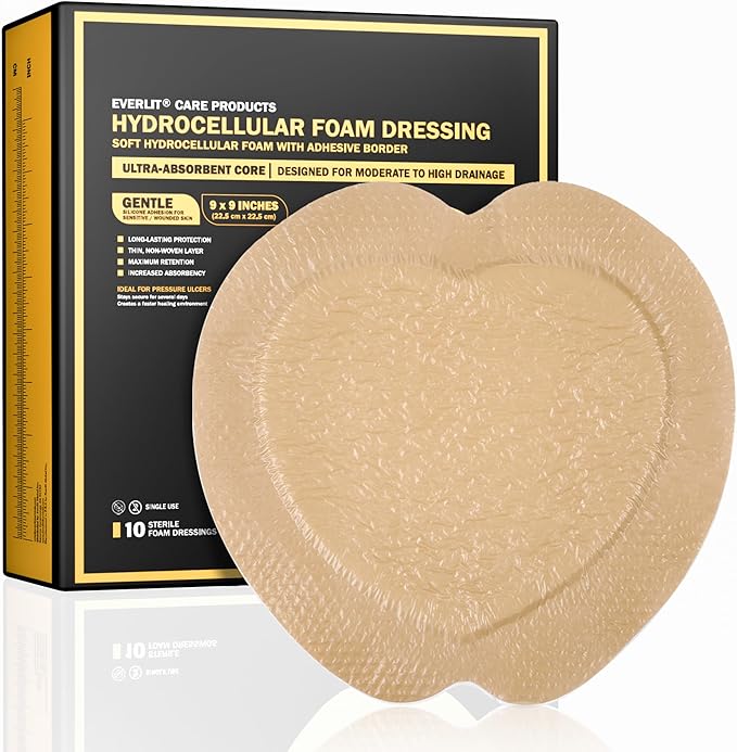 EVERLIT Sacrum Silicone Foam Dressing | Highly-Absorbent Waterproof Sacral Bandage Pad for Bed Sore Pressure Ulcer Wound Care | Sterile Adhesive Dressing for Chronic Wounds (9" x 9" | 10 Pack)