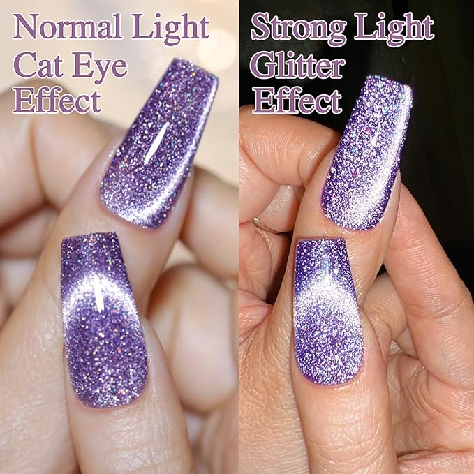 Double Rhythm Cat Eye Gel Polish with Magnet 15ML Jelly Glass Holographic Glitter Shimmer Translucent Sheer Color Magnetic Gel Polish Salon DIY at Home (Dark Purple-MC1066)