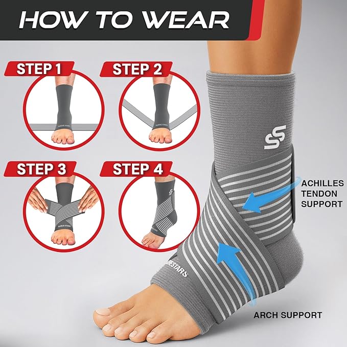 Sleeve Stars Ankle Brace for Women & Men, Ankle Wrap for Sprain, Compression Sleeve for Plantar Fasciitis Relief, Easy Customizable Support: w/ Removable Strap (Single/M:10"-12"/Grey)