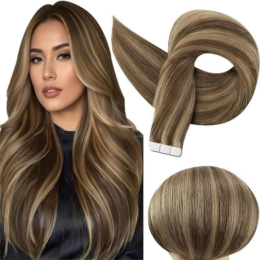 Full Shine Hair Extensions Real Human Hair Tape in Color 4 Brown Highlight 27 Caramel Blonde Double Sided Tape in Extensions 22Inch 100Gram Seamless Skin Weft for Women Add Volume 40Pcs