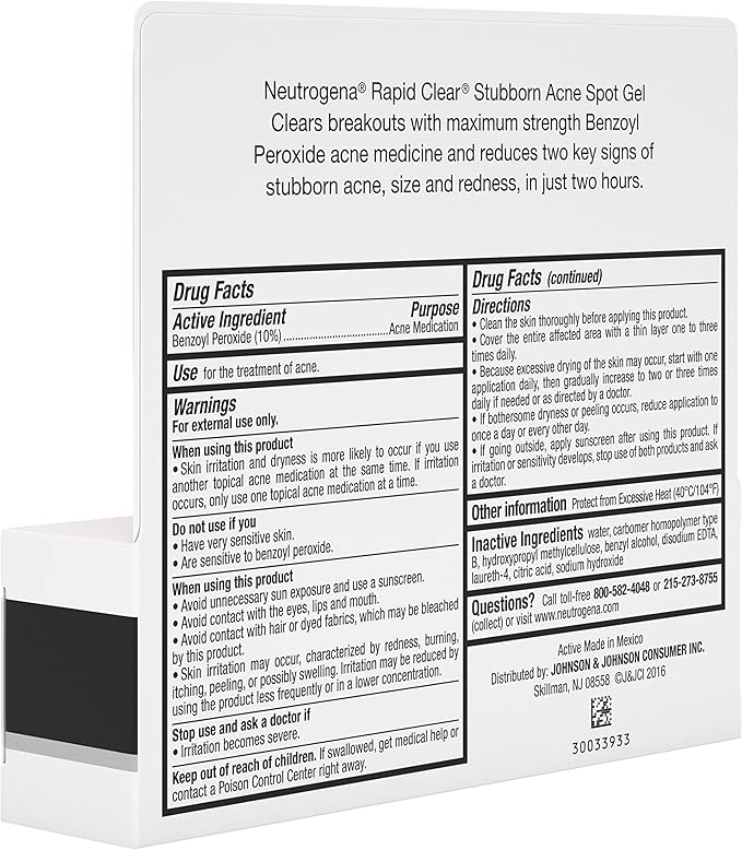 Neutrogena Rapid Clear Stubborn Acne Spot Treatment Gel, Maximum Strength 10% Benzoyl Per-oxide Treatment Medication for Acne Prone Skin, Pimple Cream Reduces Size & Redness, 1 oz