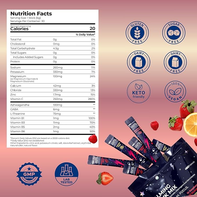 Calm Magnesium Glycinate Powdered Drink Mix with Electrolytes – Sugar Free with Ashwagandha, L-Theanine, Vitamin B6 & GABA – Cortisol Support, Stress Relief, Hydration & Focus - 30 servings (Variety)