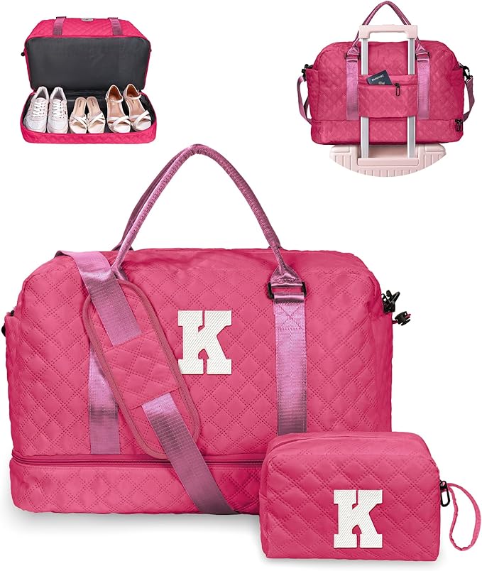 Personalized Women's Initial Travel Bag with Shoe Compartment, Hot Pink, K