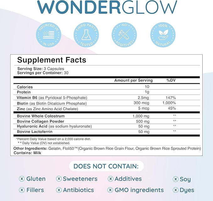 WONDERCOW Hair Skin and Nails Vitamins w/Bovine Colostrum, Collagen, Hyaluronic Acid, Biotin, Zinc, & Lactoferrin┃Supports Faster Hair Growth, Stronger Nails and Glowing Skin (30 Servings, Capsule)