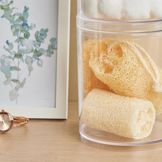 STORi Bella Tall Scrunchie Holder | Stackable Clear Plastic Container (Set of 2) Round Vanity Storage Organizers with Lids for Hair Accessories & Beauty Supplies | Made in USA