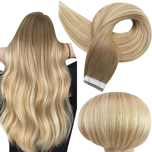 Full Shine Balayage Tape in Hair Extensions Human Hair Brown to Honey Blonde And Blonde Human Hair Tape in Extensions Straight Remy Ombre Extension Seamless PU Tapes Double Sided 18Inch 50G 20pcs