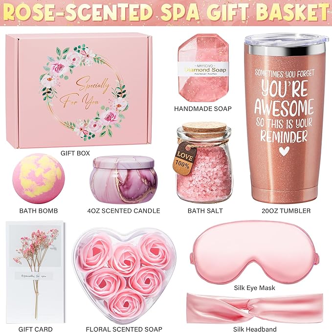 Birthday Gifts for Women Friendship, Rose Relaxing Spa Gifts Basket for Women Self Care Gifts, Thank You Gifts Bath Set Valentines Day Gifts for Mom Her Best Friend Wife Sister Coworker Nurse Teacher