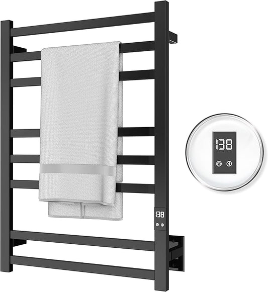 8-Bar Electric Heated Towel Warmer, Fast Heating with Auto Shut-Off Timer, Matte Black Finish, Wall-Mounted Spa Towel Heater, Hardwired or Plug-in Options