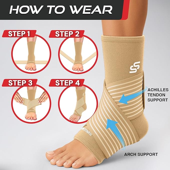 Sleeve Stars Ankle Brace for Women & Men, Ankle Wrap for Sprained Ankle, Compression Sleeve for Plantar Fasciitis Relief, Easy Customizable Support: w/Removable Strap (Single/L:12"-13"/Beige)