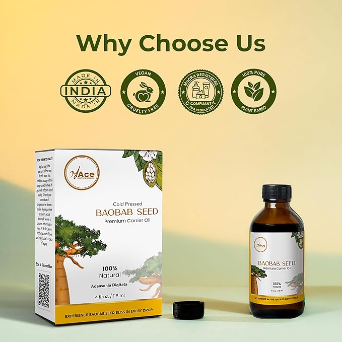 My Ace Baobab Seed Carrier Oil | 100% Pure Cold Pressed Unrefined Premium Oil for Hair Growth, Skin & Face Care, Body Massage & Aromatherapy – 4 fl oz