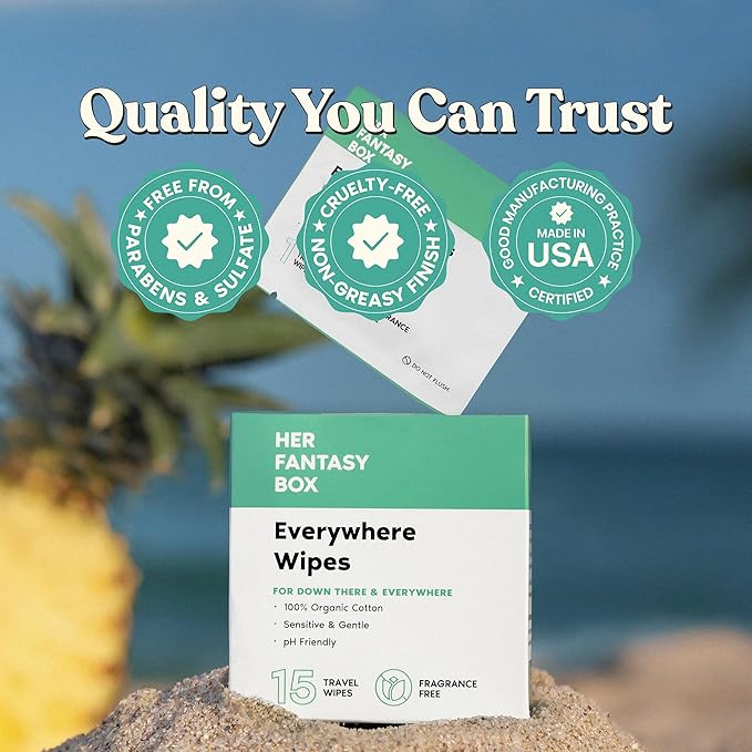 Her Fantasy Box | Everywhere Wipes – 100% Organic Cotton, Gentle & Refreshing, pH-Balanced, Fragrance-Free, Plant-Powered for Body, Face & Intimate Areas, Ideal for Sensitive Skin - 2 Pack, 30 Wipes