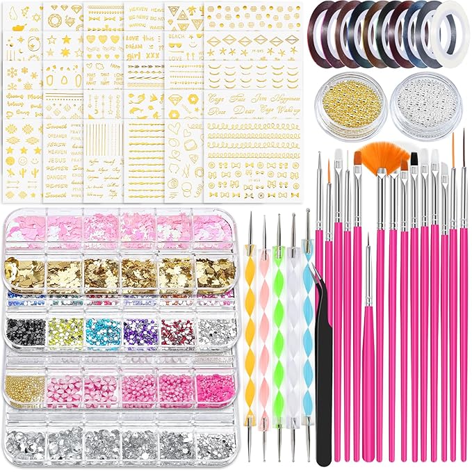 67 in 1 Nail Art Brushes Nail Art Kit,Brushes Dotting Pens with Striping Tape,Mini Metal Caviar Beads Ball,Rhinestones, Pearls,Metallic Foil Flakes,Sequins,Stickers Manicure Design Tools (Hot-pink)