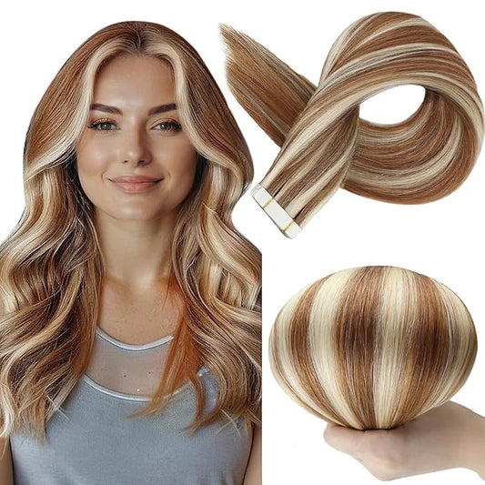 Full Shine Human Hair Extensions Tape in Color 330P800 Highlight Blonde Tape in Hair Extensions Human Hair 20 Inch Seamless Human Hair Tape ins Extensions 50 Gram 20Pcs Remy Extensions Add Length