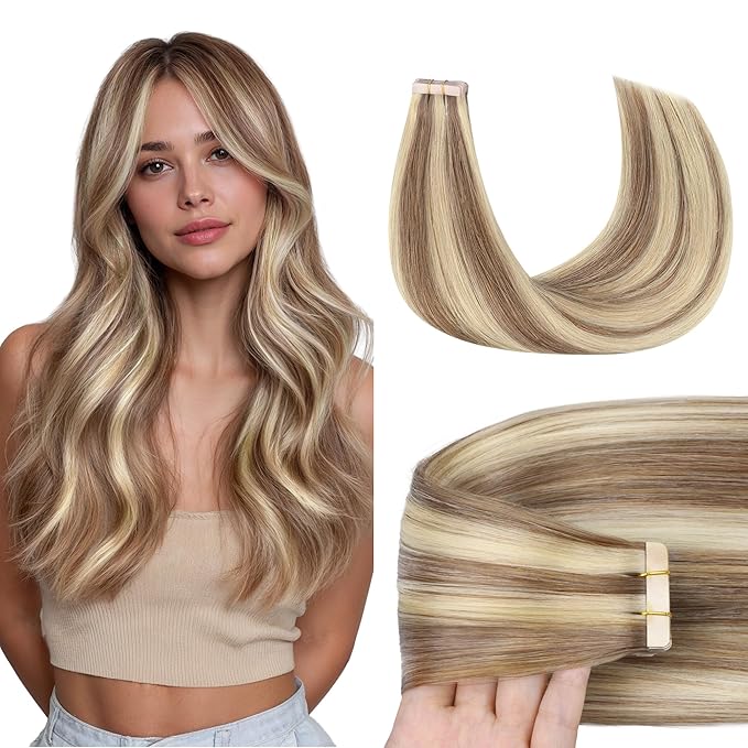 GOO GOO Tape in Hair Extensions Human Hair, 8B/60B Golden Blonde Highlights, 18inch 50g 20pcs, Skin Weft Seamless Invisible, Silky Straight with Thick Ends, Remy Human Hair