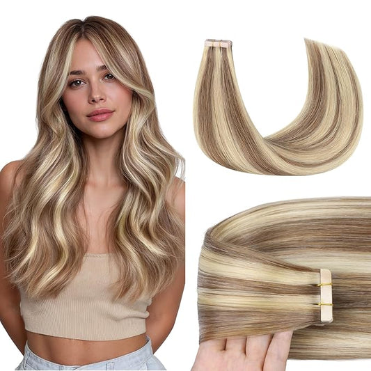 GOO GOO Tape in Hair Extensions Human Hair, 8B/60B Golden Blonde Highlights, 18inch 50g 20pcs, Skin Weft Seamless Invisible, Silky Straight with Thick Ends, Remy Human Hair