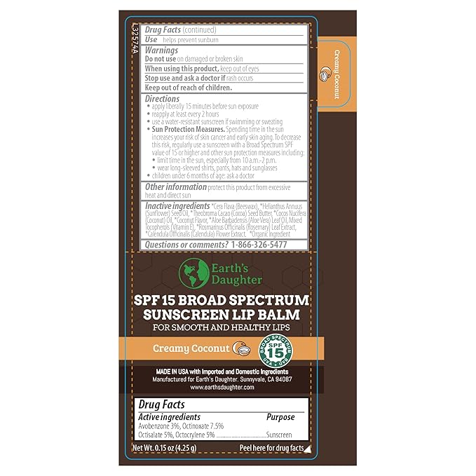 Earth's Daughter SPF Coconut Lip Balm 4-Pack - Lip Sunscreen, SPF 15, Organic Ingredients, Beeswax, Coconut Oil, Vitamin E - Hypoallergenic, Paraben Free, Gluten Free, New