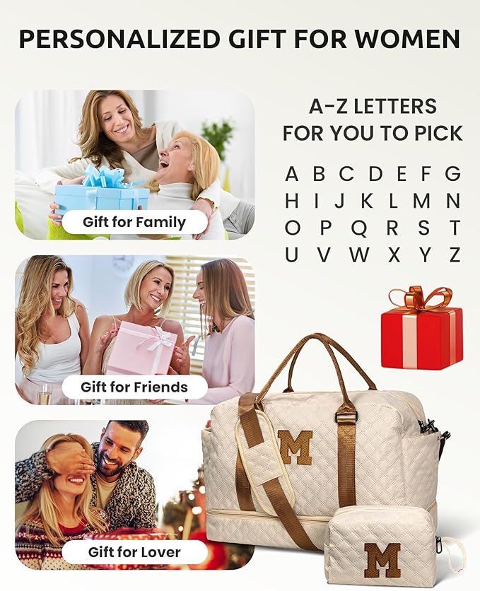 Personalized Gifts-Initial Duffle Bag with Shoe Compartment, Personalized Weekender Bag, Monogram Overnight Bag, Letter Travel Bag with Makeup Bag，Birthday Gift for Grandma (Letter O), Beige