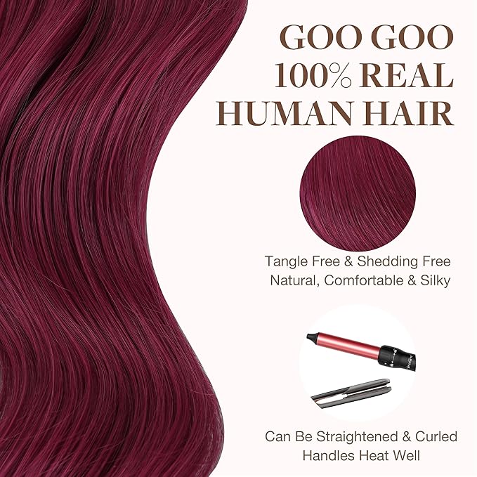 GOO GOO Tape in Hair Extensions Human Hair, Burgundy, 10inch 30g 20pcs, Skin Weft Seamless Invisible, Silky Straight with Thick Ends, Remy Human Hair